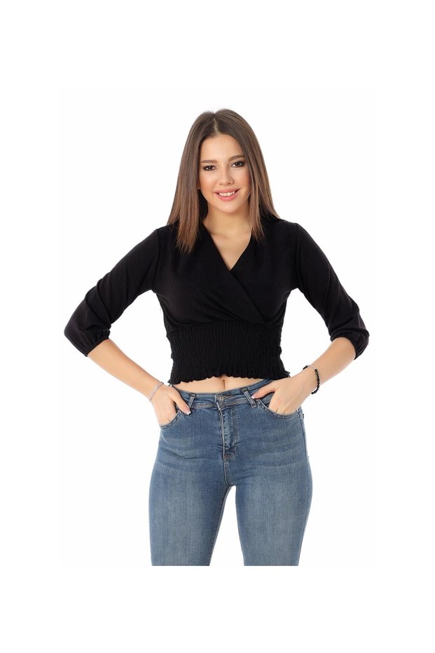 Women's Gipeli Black Double Breasted Collar Crop Blouse