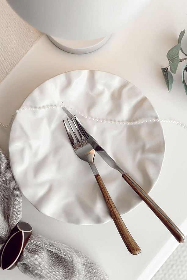 4 ADET Mat Seramik Beyaz Kırışık Tasarım Handmade Pasta Yemek Sunum Tabak Tatlı Kahvaltı Tabağı Seti - 2