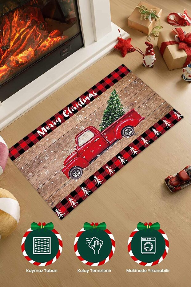 Christmas Car Patterned Red Door Mat | Non-Slip Woven Base Mat with Ornamental Gift | 45X70Cm