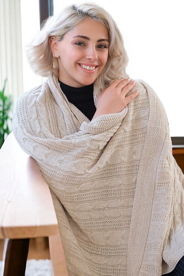 Cuo Örgü Triko Akrilik Yatak Örtüsü Koltuk Örtüsü - Bej - 130x170 Cm - 2