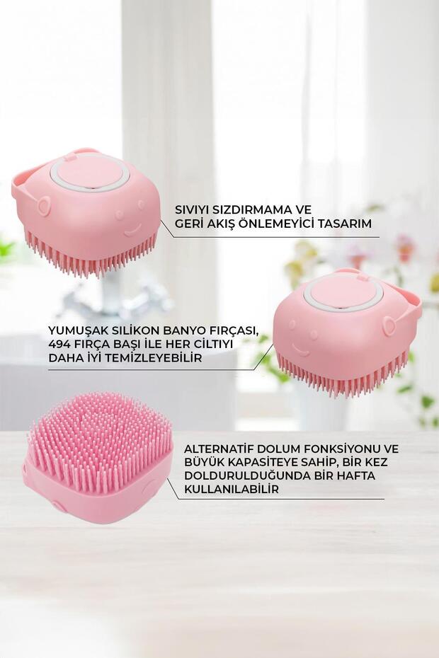 Şampuan Hazneli Kedi Ve Köpek Evcil Hayvan Yıkama Fırçası Silikon Pembe - 3