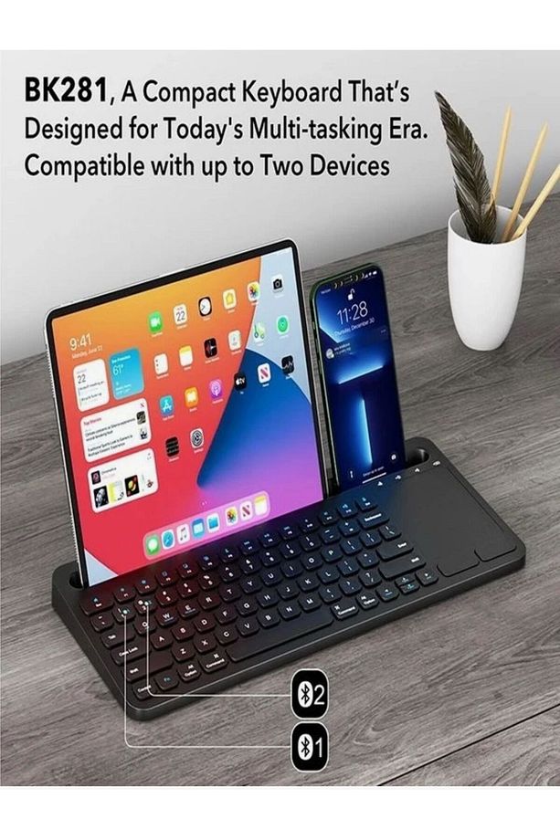 Kablosuz Type-C Şarjlı Bluetooth Klavye Touchpadli Telefon-Tablet Standlı iOS/Android/Windows Uyumlu - 2