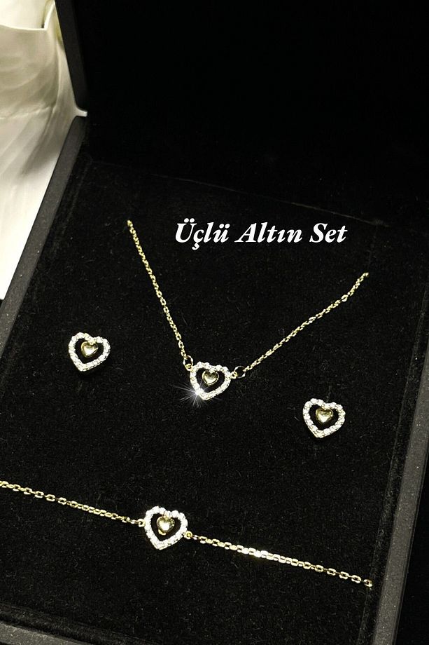 Taşlı Kalp Altın Set - 3'lü - 4