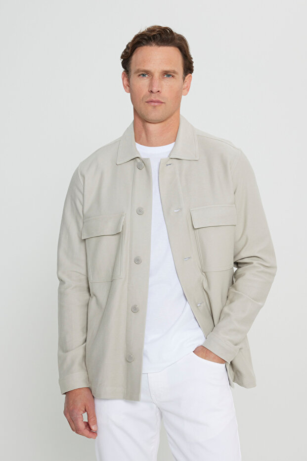 Erkek Bej Standart Fit Normal Kesim Gömlek Yaka %100 Pamuk Mont - 1