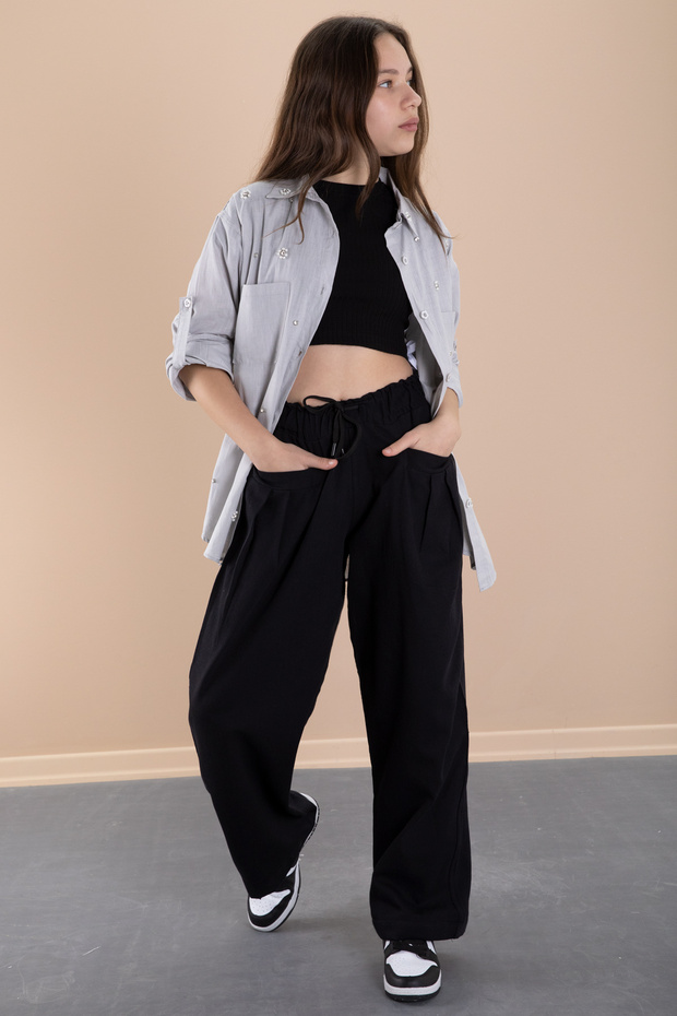 Gray Girls' Cropped Stone-Embellished Shirt and Trousers 3-Piece Set 20469