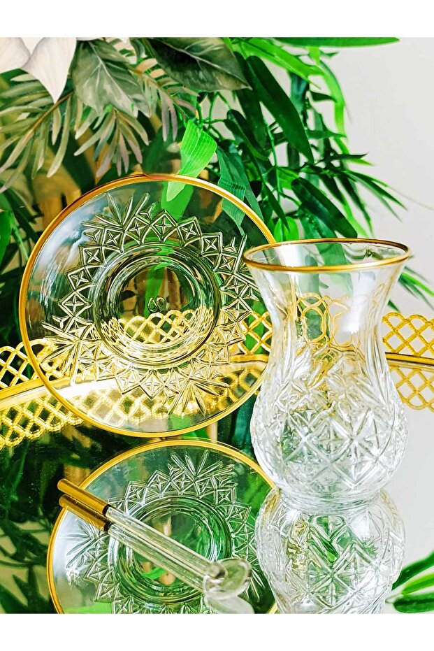 Pasabahce Gold Pattern Cutout Crystal Tea Cup Set Set 18 Pieces Tea Set Special Series of 6 People