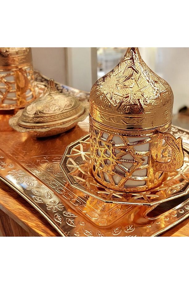 2 Kişilik Fincan Takımı Gold - Bakır Osmanlı Desenli Türk Kahve Fincanı Bakır Kahve Fincanları - 5