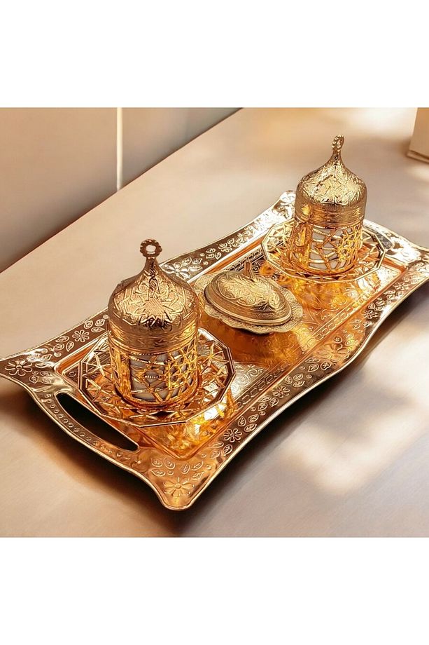 2 Kişilik Fincan Takımı Gold - Bakır Osmanlı Desenli Türk Kahve Fincanı Bakır Kahve Fincanları - 3