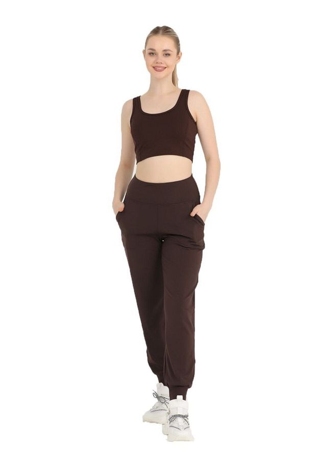 Kadın Koyu Kahve Polarlı Kışlık Eşofman Altı Jogger Yüksek Bel Şardonlu Dalgıç 1062 - 7