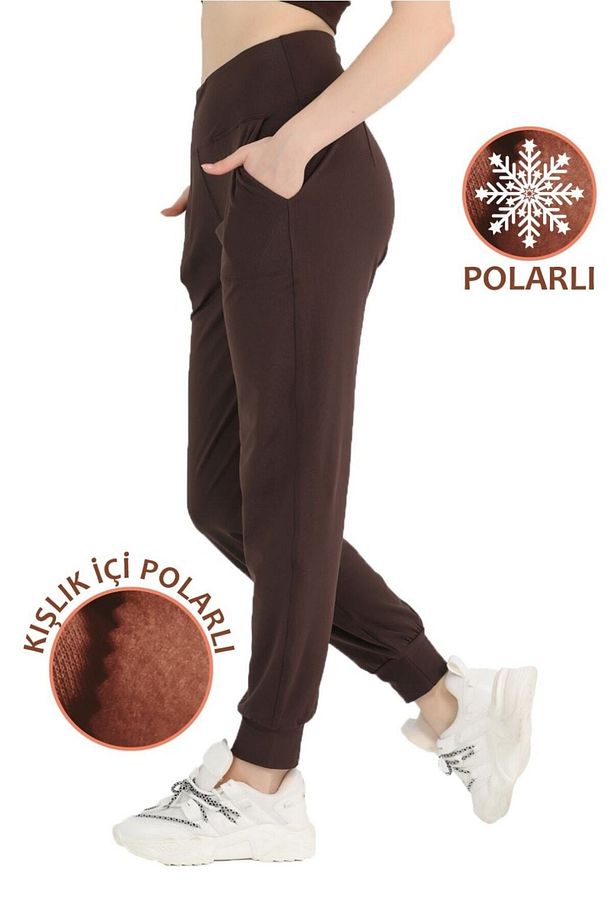 Kadın Koyu Kahve Polarlı Kışlık Eşofman Altı Jogger Yüksek Bel Şardonlu Dalgıç 1062 - 3