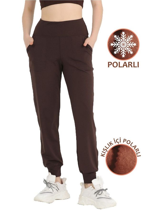 Kadın Koyu Kahve Polarlı Kışlık Eşofman Altı Jogger Yüksek Bel Şardonlu Dalgıç 1062 - 4