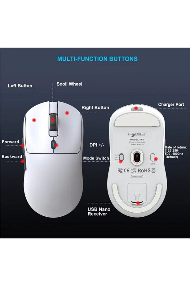 HXSJ T68 PAW3311 Sensör, Ultra Hafif, Tri Mode, 1000HZ, Kablosuz Oyuncu Mouse - 7