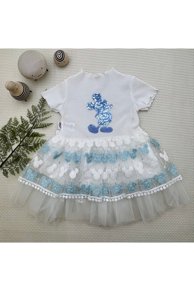 1-2-3 Years Sequined Mickey Printed Brode Skirt Girl Baby Dress Turquoise