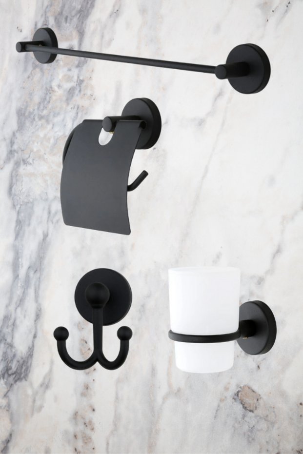 Black Long Towel Holder/Tissue Roll Holder/Bathrobe Hanger/Toothbrush Holder 4-Piece Bathroom Accessory Set