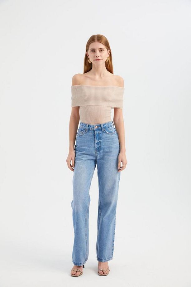 Örme Nervürlü Kısa Kollu Crop Top - 1