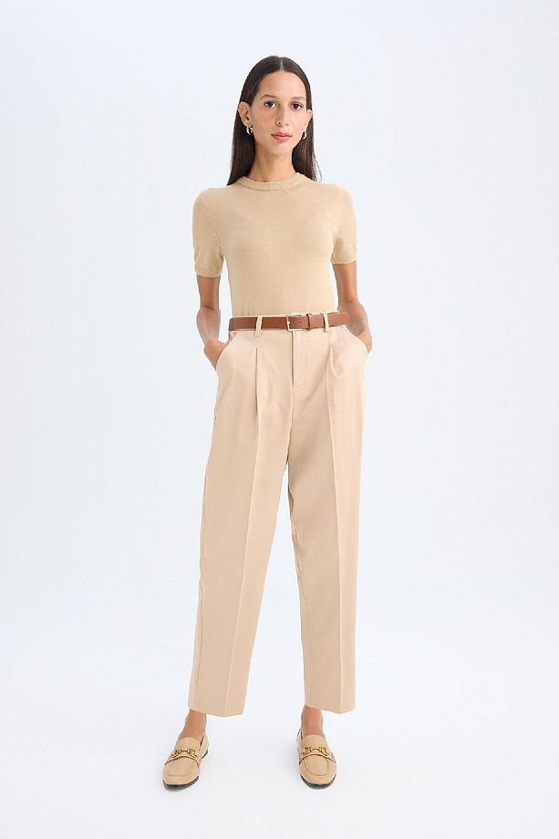 Carrot Fit Kemerli Klasik Kışlık Pantolon Siyah Yüksek Bel Dar Paça Piliseli Basic Düz Kısa Paça D42 - 6