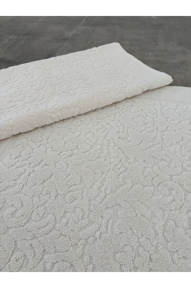 %100 Pamuklu & Yumuşak 2'li Ayak Havlusu - Ekru Renk & Damask Desen Su Emici Havlu Seti - 50x70 Cm - 4