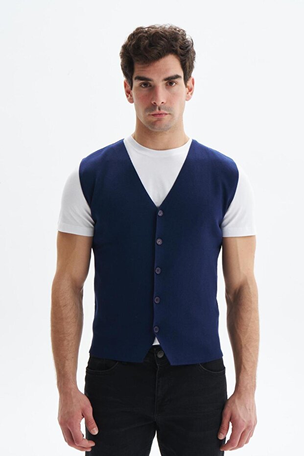Ar-Ma Men's Navy Blue V-Neck Knitwear Vest Slim Fit 100% Cotton Pima Cotton Buttoned Basic K9Kro0853