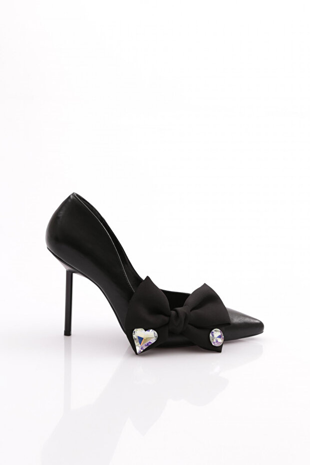 Women's Side Ribbon Heeled Shoes Black 56563557