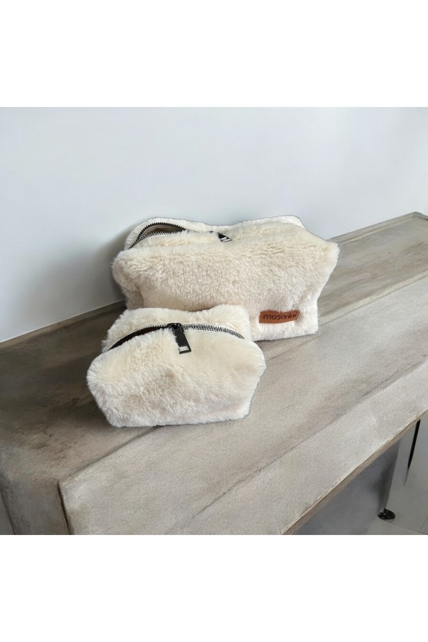 Soft Cream Plush Makeup Bag, Travel & Cosmetic Bag Set of 2