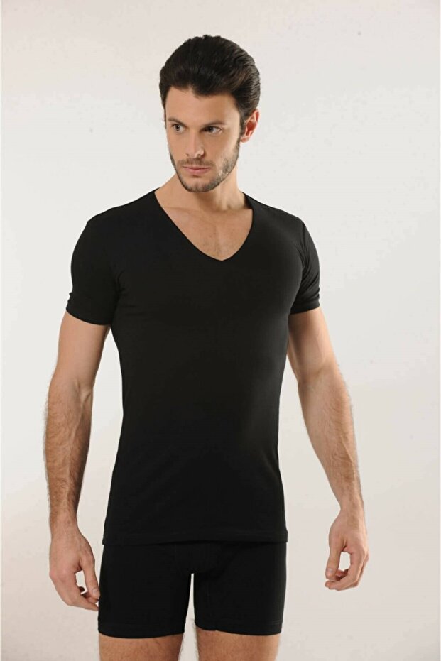 713 Deep V-Neck Short Sleeve Lycra T-shirt - Black