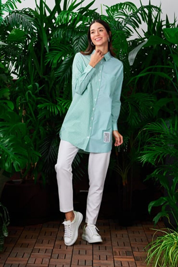 ASİMETRİK ÇİZGİLİ PAMUKLU GÖMLEK - 2