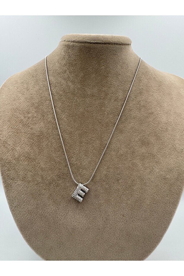 Taşlı Minimal E Harf Çelik Kolye 40-5 Cm - 3