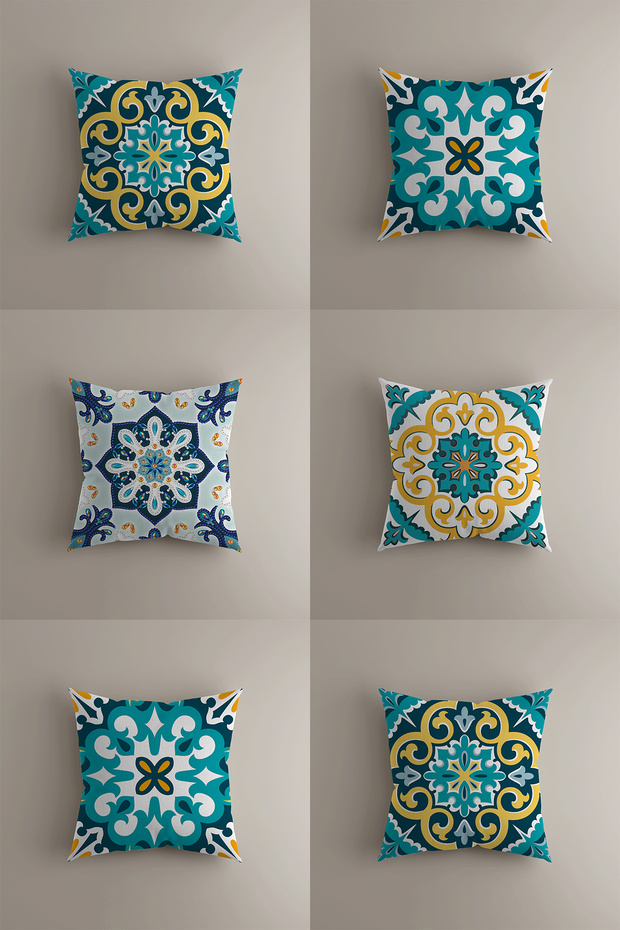 Set of 6 Ottoman and Mediterranean Patterned Cushion Covers with Decorative Motifs, Double-Sided, 43X43 cm