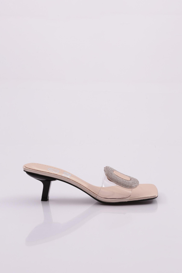 Women's Round Stone Buckle Heeled Slippers Dore Satin 118319535