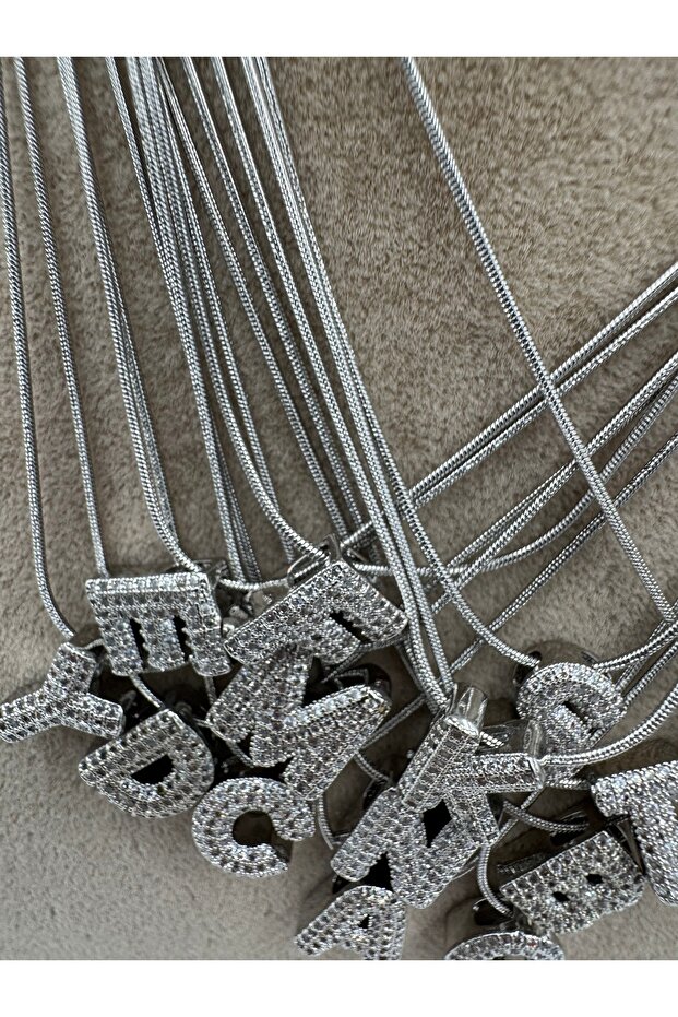 Taşlı Minimal E Harf Çelik Kolye 40-5 Cm - 6