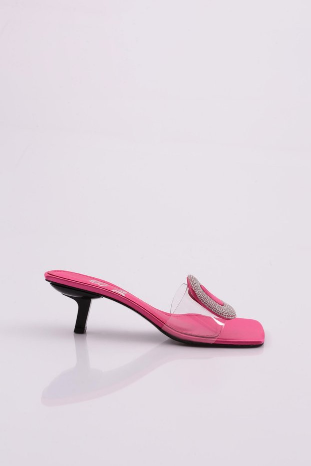 Women's Round Stone Buckle Heeled Slippers Fuchsia Satin 118319535
