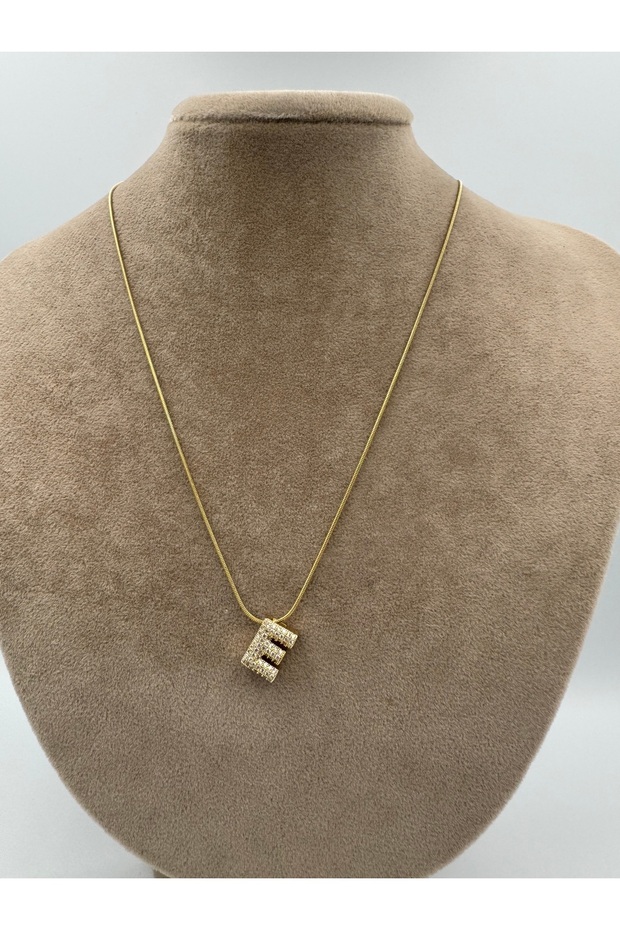 Taşlı Minimal E Harf Çelik Kolye 40-5 Cm - 2