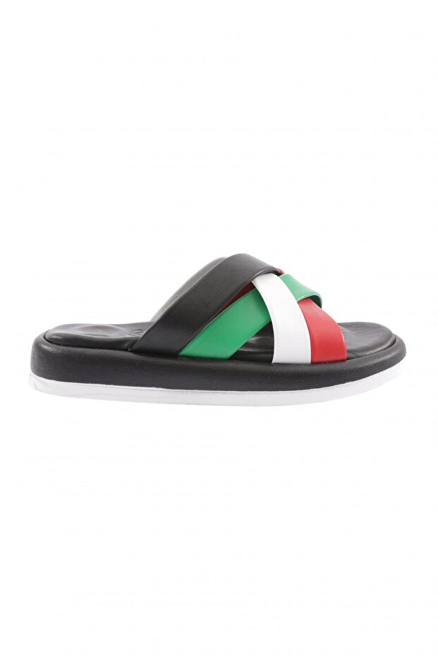 2032-2133-23Y Women's Cross Strap Slippers Genuine Leather Black White Green Red
