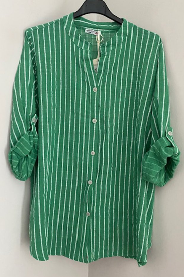 Women's Italian Green Richter Collar Striped Foldable Orphan Sleeves 100% Cotton Shirt