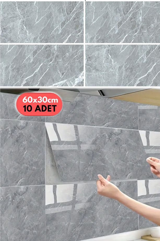 10PC 60x30 Cm Kendinden Yapışkanlı Gri 3D Şık Fayans Duvar Yapıştırma Duvar Kağıdı Dekorasyon - 4
