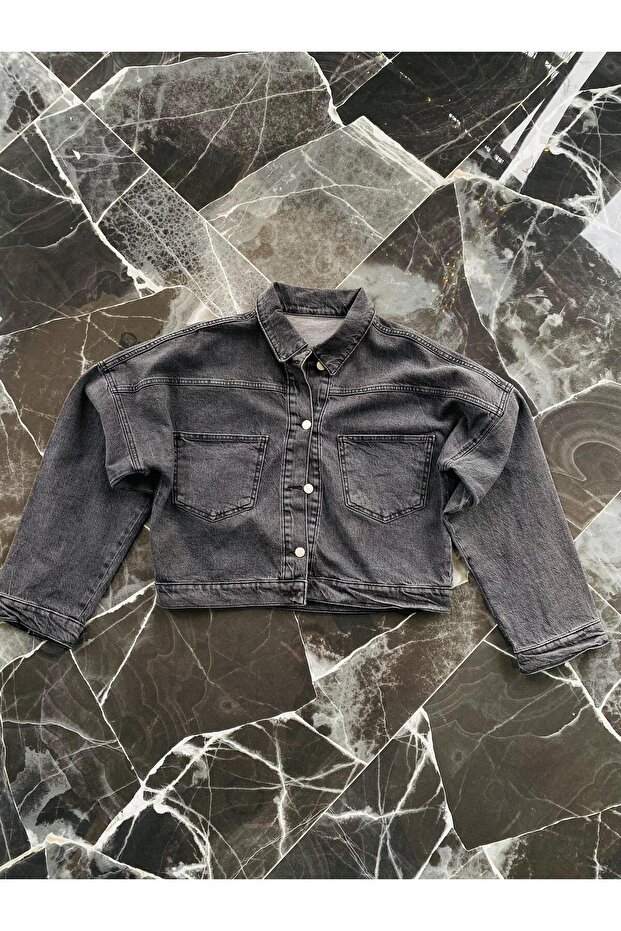 Kadın Denim Crop Oversize Kot Ceket