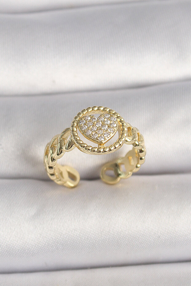 Brass Gold Color Adjustable Zircon Stone Heart Model Women's Ring Tj-Byk3604