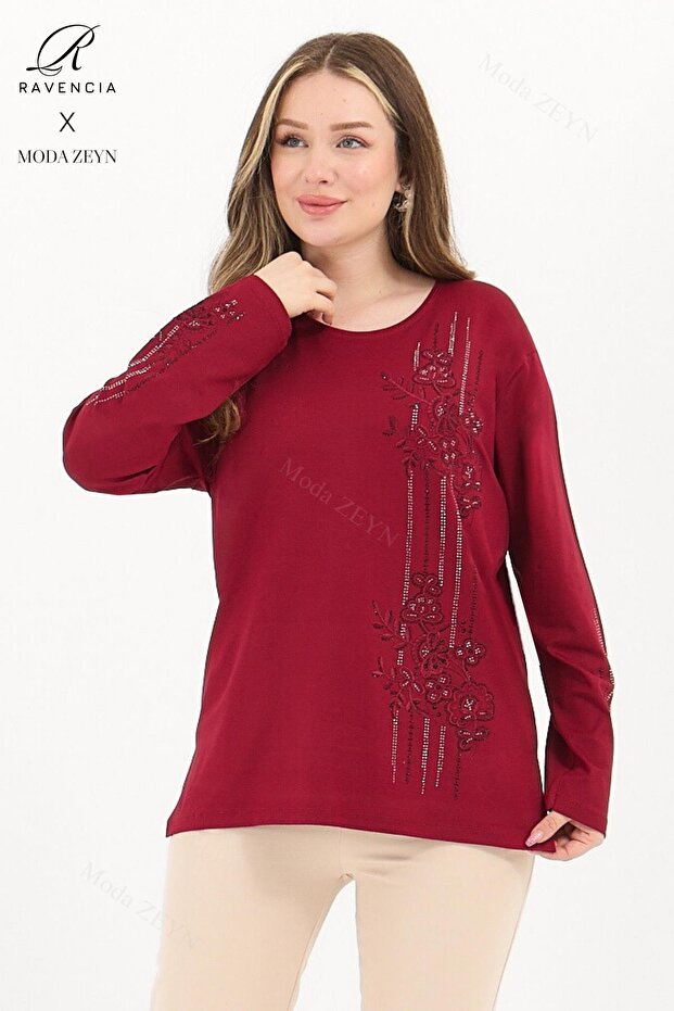 Women's Burgundy Stripe Pattern Stone Embroidered Slit Lycra Viscose Mother Combed Cotton Blouse