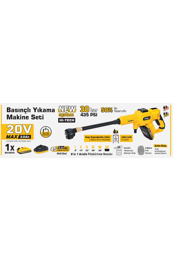 PROFESYONEL AKÜLÜ BASINÇLI YIKAMA MAKİNESİ SETİ 30BAR 435PSI 1*2.0Ah - 2