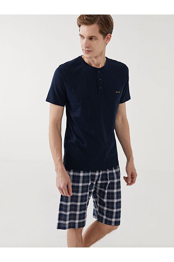 Lacivert Standart Kalıp Erkek Şortlu Pijama Takımı - 3