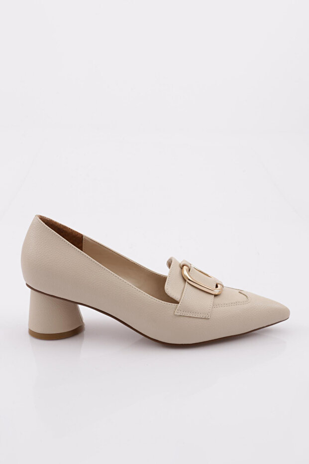 4310 Women's Metal Accessories Pointed Toe Thick Short Heeled Shoes Bone