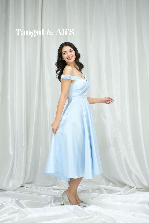 Lizbon Saten Drapeli Bebe Mavisi Midi Elbise - 3