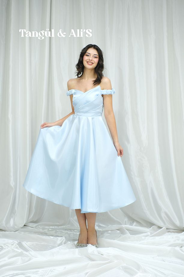 Lizbon Saten Drapeli Bebe Mavisi Midi Elbise - 2