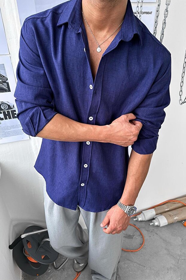 Ανοιχτό Navy Blue Basic Relaxed πουκάμισο - 1