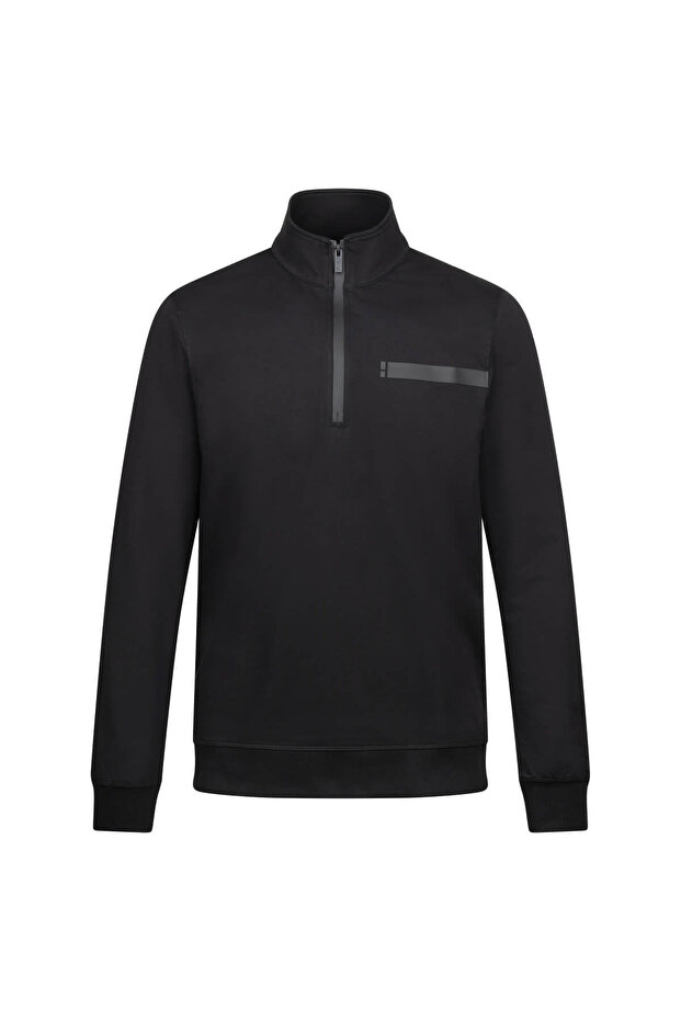 Black Regular Fit Zippered Half Turtleneck Cotton Sweatshirt
