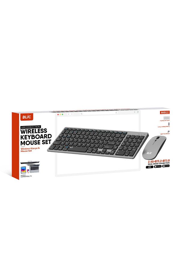 Gri Kablosuz Zarif Sessiz Tasarım Dual Mode 2.4G+BT5.2 Klavye Mouse Set İos Android Windows Uyumlu - 3