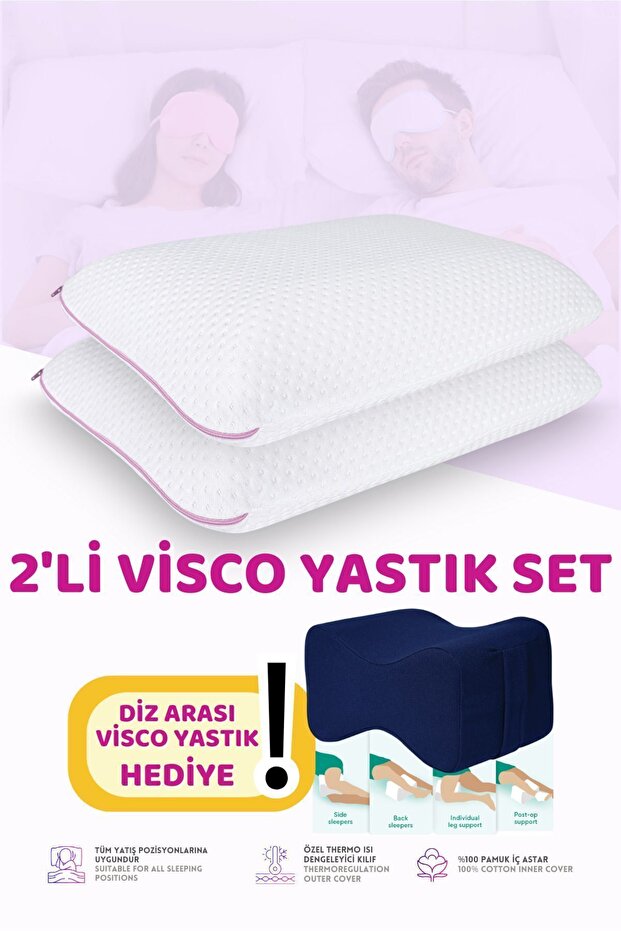 Set of 2 Visco Air Channel Orthopedic Pillows, 60X40X14Cm, White-Pink
