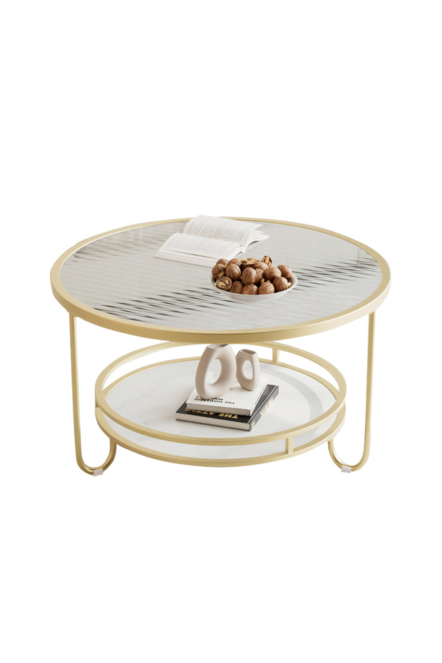 Living Room Sofa Glass Coffee Table, Round Double Layer Side Table - 1