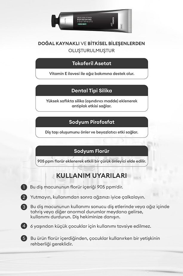 Bitkisel Özlü Ferahlatıcı Diş Macunu KUNDAL Refreshing Toothpaste Set (Pepper Mint) 3 Adet - 6