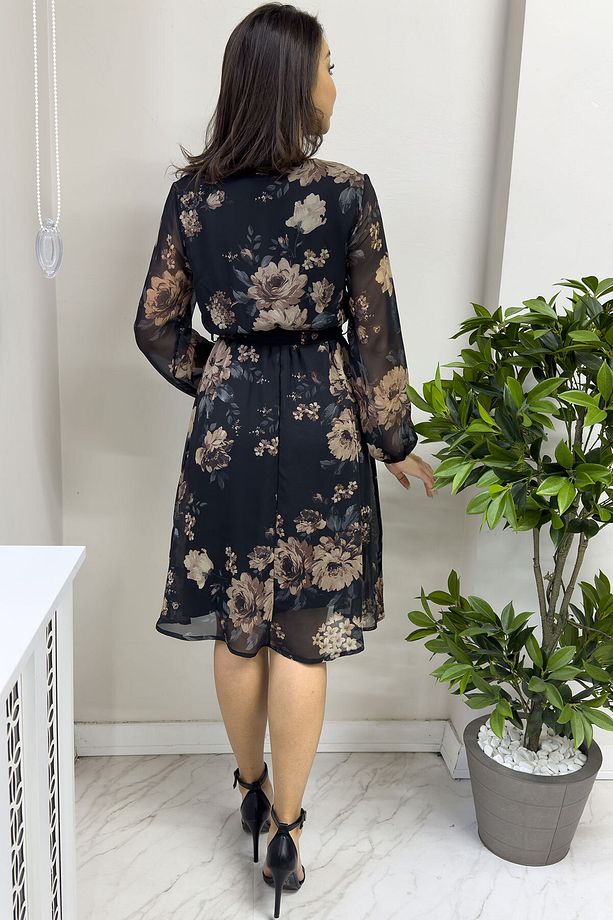 Kadın Kruvaze Yaka Kısa Şifon Elbise Kahvrengi Çiçekli, Batik Desenli - 5